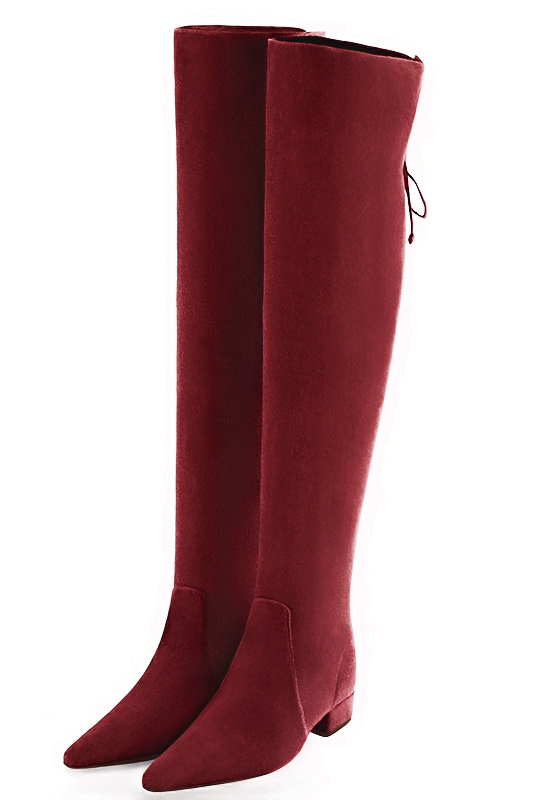 Burgundy red women's leather thigh-high boots. Tapered toe. Low block heels. Made to measure. Front view - Florence KOOIJMAN